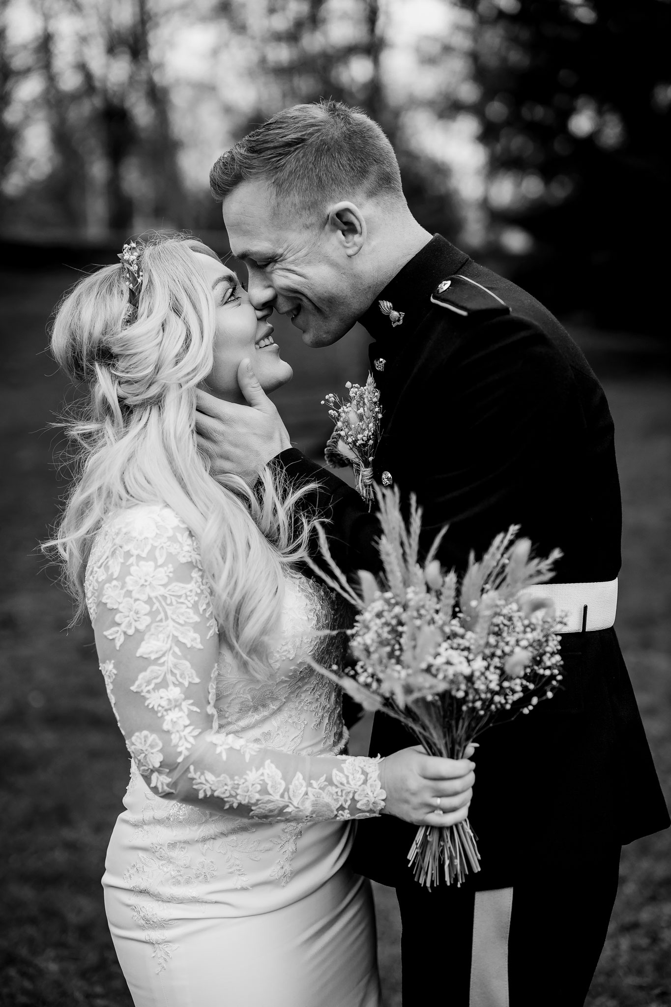 a monochrome image of the bride and groom