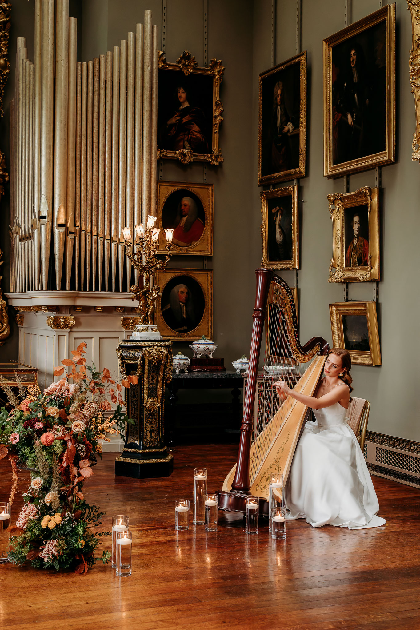bride playing the harp