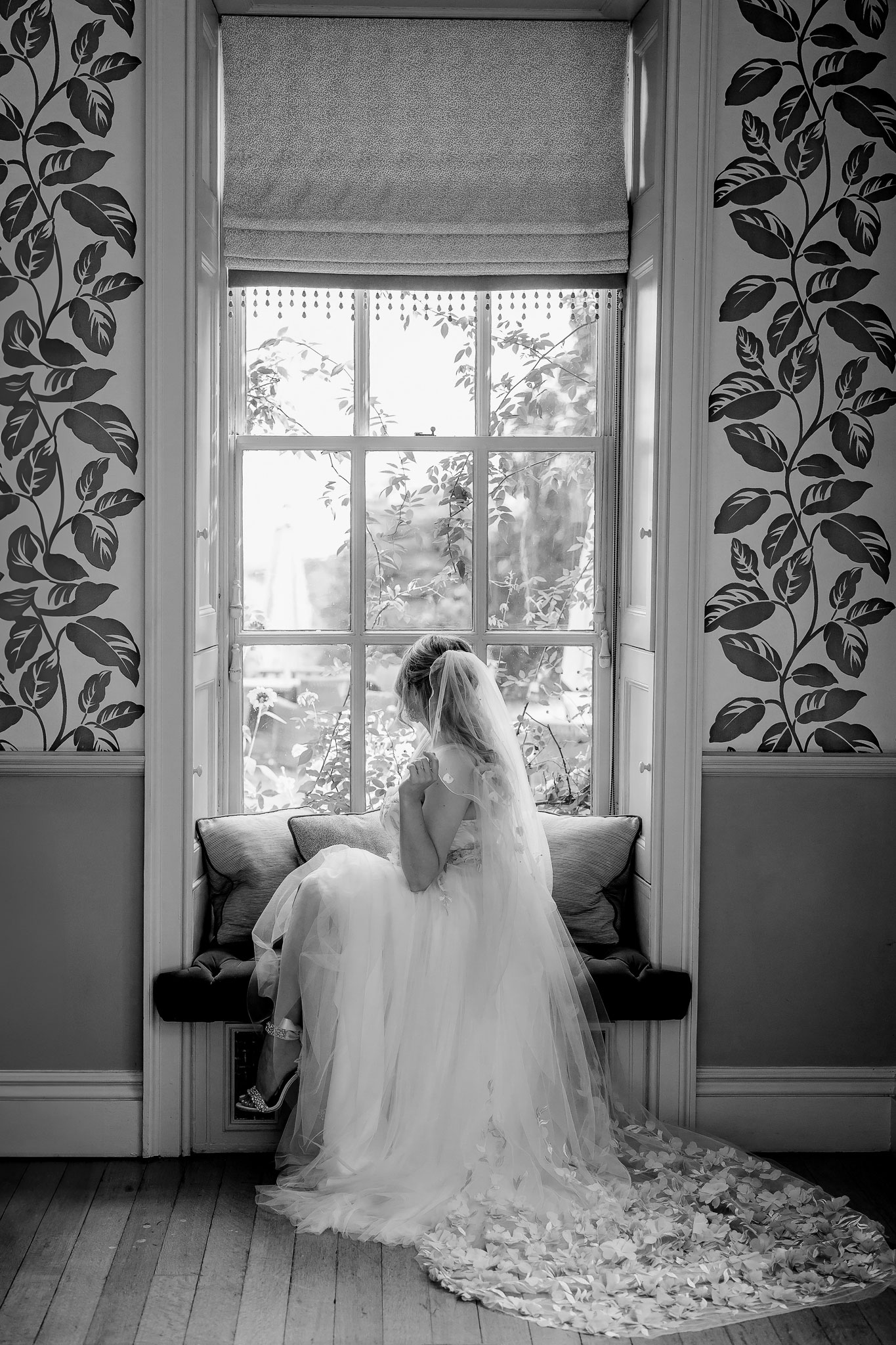 a bride looking out the window