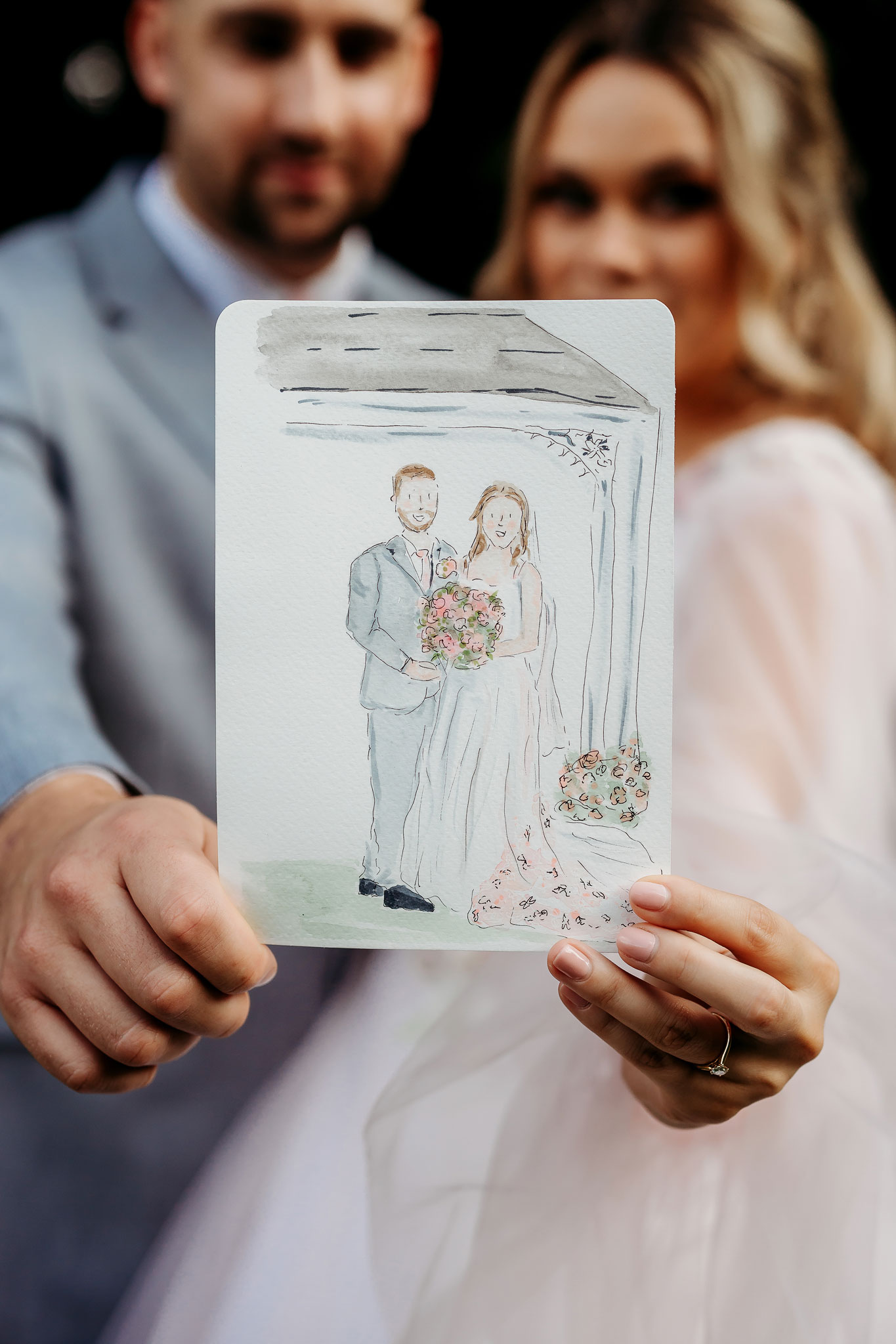 a bride and groom holding a illustration