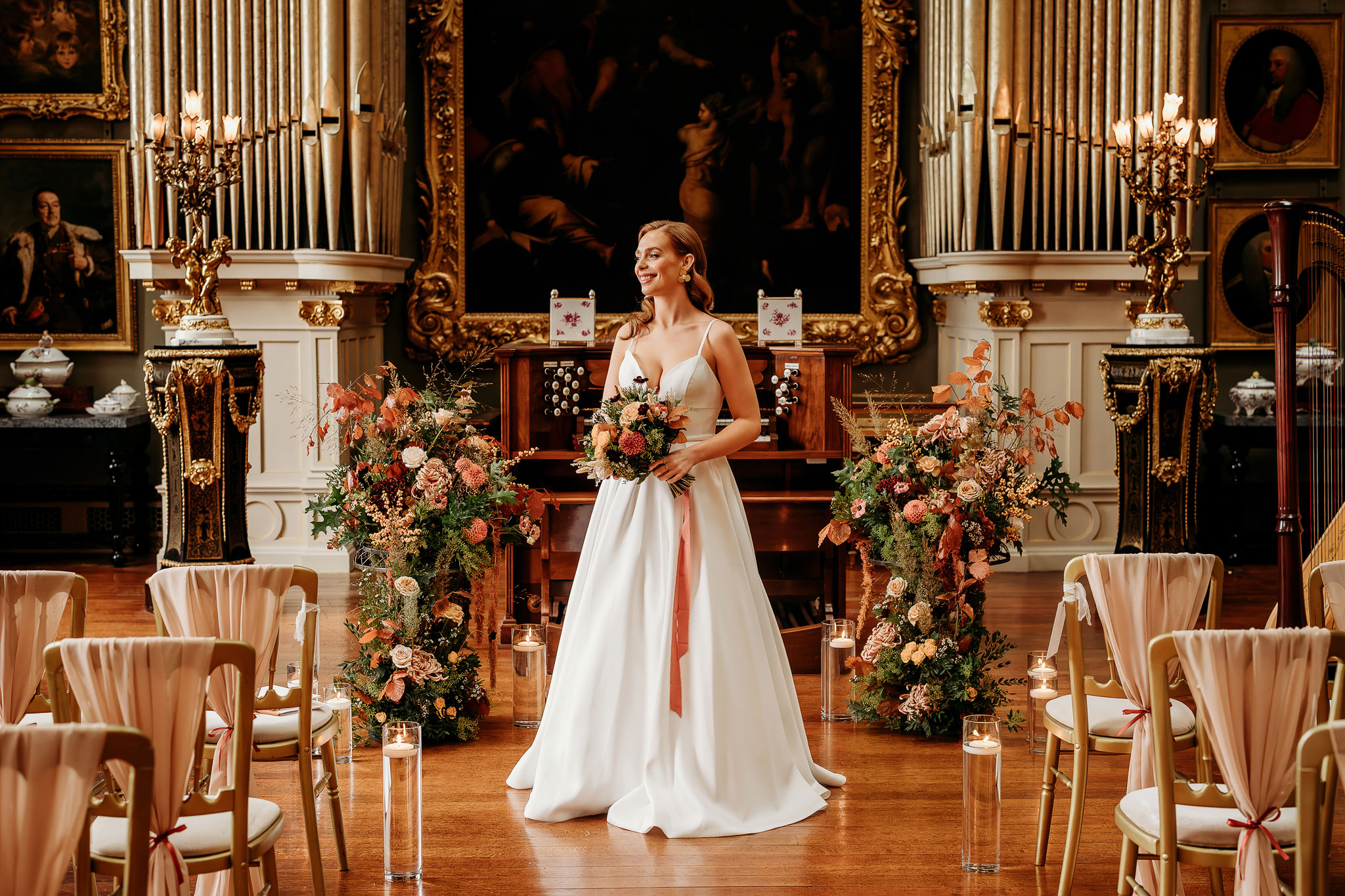 a bride with her autumn wedding flowers captured by a hampshire wedding photographer