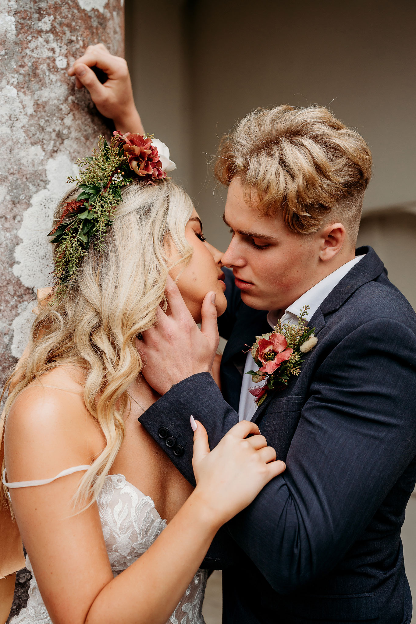 a bride and groom nearly kissing