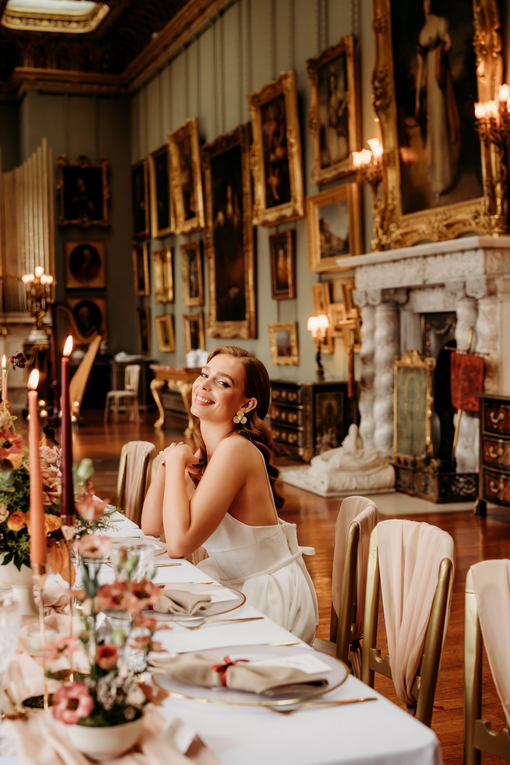 a bride enjoying herself at the table waiting for her husband