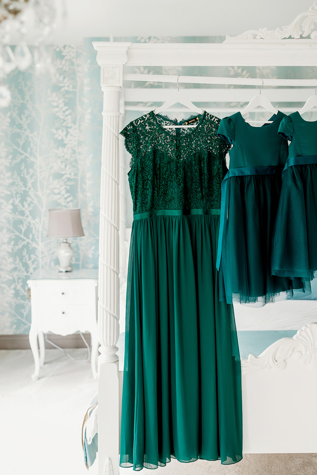 green bridesmaids dresses in the getting ready room at Southdowns Manor