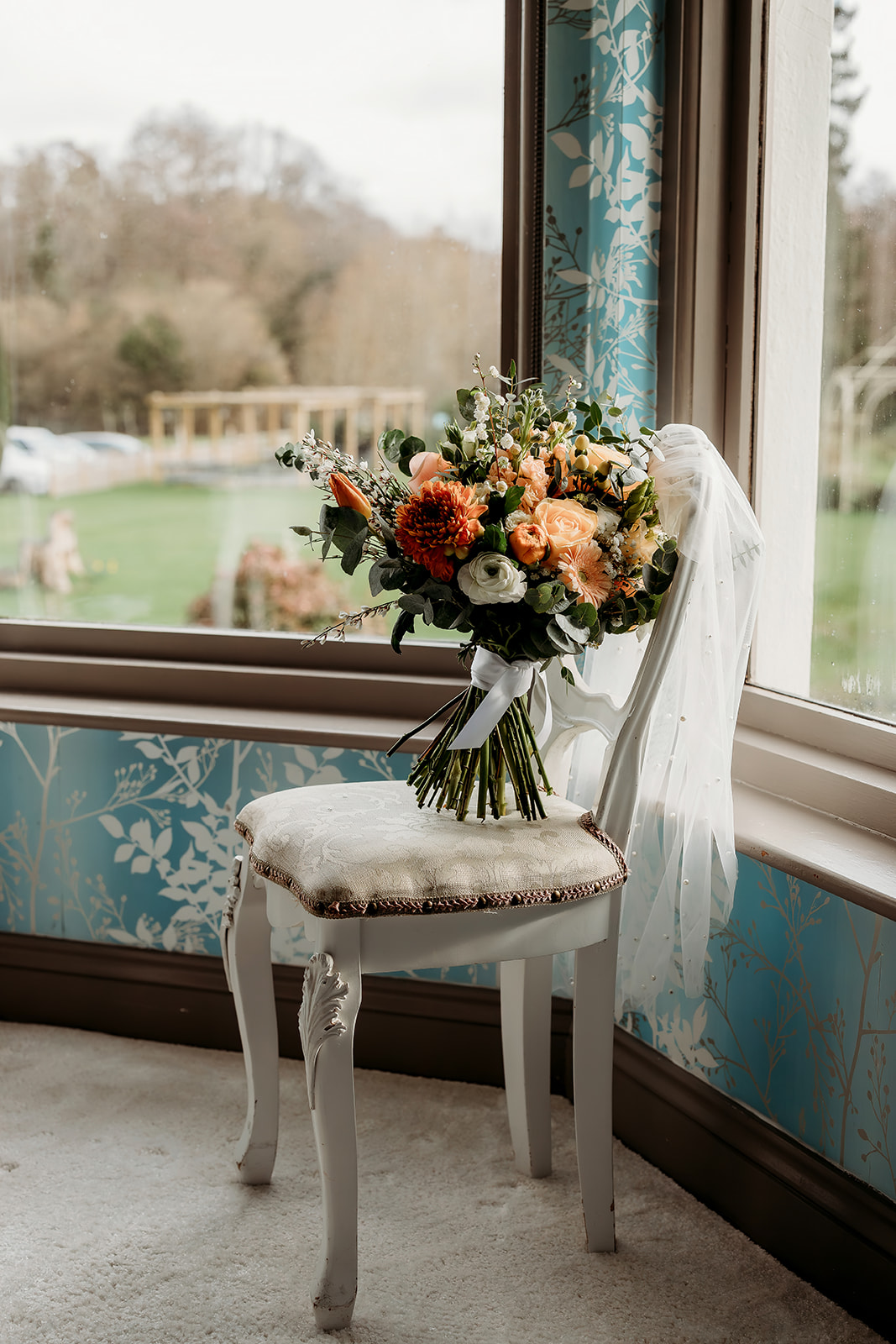 bridal flower bouquet on a chair